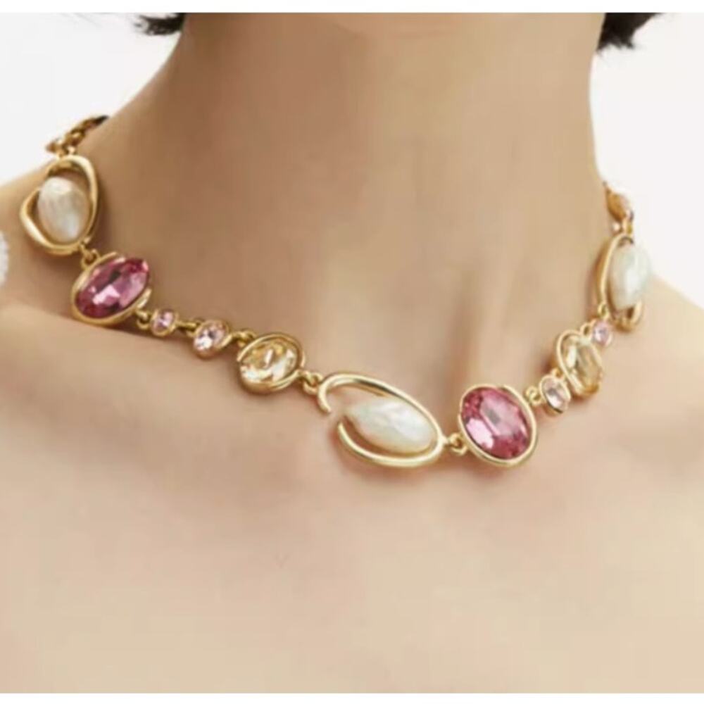 Oscar de la Renta Baroque Pearl O Logo Crystal Statement Necklace